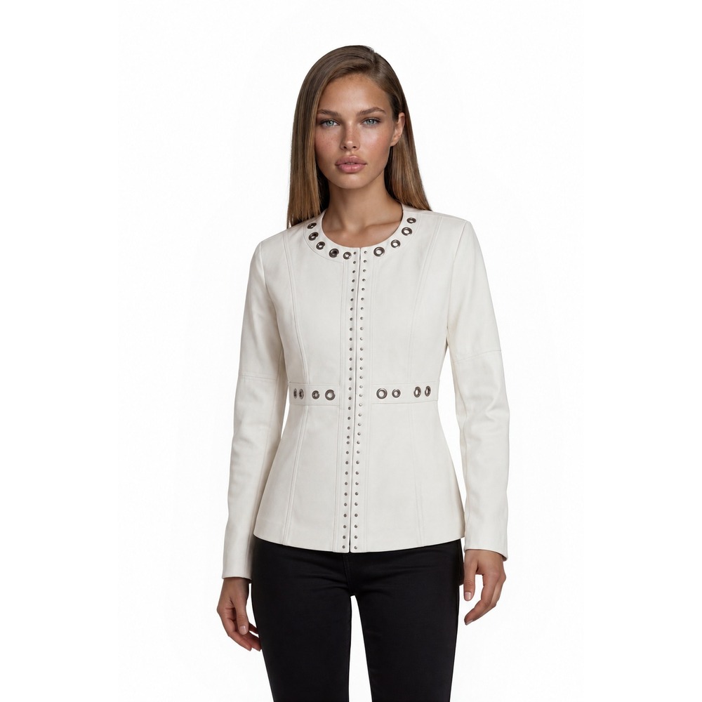 Lena Gabrielle Jacket Women's Size 12 White Studded Grommet Open Front